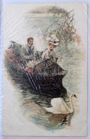 100 férőhelyes kis albumban 100 db régi 1945 előtti képeslap, főleg művészlapok, köztük Degi, gyerek...