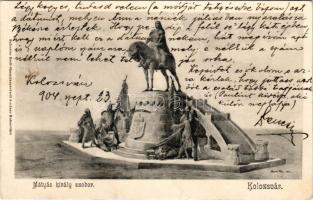 1904 Kolozsvár, Cluj; Mátyás király szobor. Schuster Emil kiadása / monument, statue s: Horti Pál (ázott sarok / wet corner)