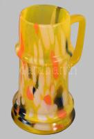 Iparművész színezett üveg korsó, jelzés nélkül, hibátlan, m: 21,5 cm