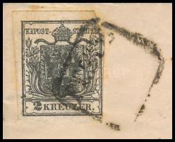1855 2kr mélyfekete HP Ib, a bélyeg felragasztása előtt kis sarokhiány, kiemelt középrésszel! helyi ...