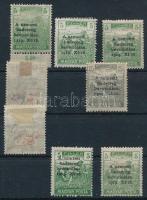 1919 A nemzeti hadsereg bevonulása 8 db bélyeg SOCMIS garanciabélyegzéssel: 5f eltolódott felülnyomattal, hiányos értékszámmal, 20f szétfolyt hátoldali bélyegző, 25f szürke színben