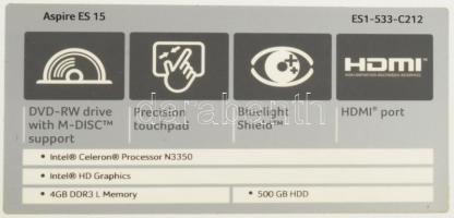 Használt laptop, típus: Acer Aspire ES1-533-C212, specifikációk: Intel Celeron N3350 Dual Core proce...