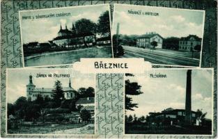 1913 Breznice, Nádrazí s hotelem, partie s dekanskym chrámem, Zámek hr Palffyho, Mlékárna / railway station, hotel, church, Pálffy castle, dairy. Art Nouveau (fl)