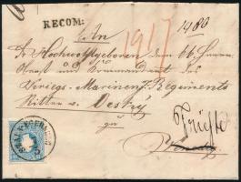 1859 15kr II + a hátoldalon bontásnál eltépett 10kr II nagy andráskereszt végződéssel ajánlott levél...