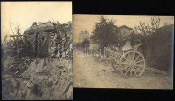 cca 1915-1918 Tüzérségi megfigyelőállás (bunker) és ágyú az olasz fronton, 2 db I. világháborús fotó, 11x8 cm