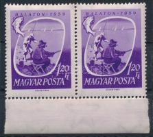 1959 Balaton 1,20Ft ívszéli párban lila folt a hal előtt és az évszám alatt, a bal oldalin a horgász lába között is
