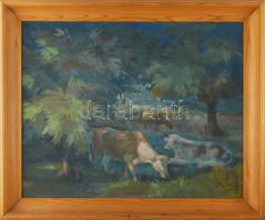 Tápay Lajos (1900-1964): Tehenek. Olaj, farost, jelzett, apró felületi sérülésekkel, fakeretben, 40×50 cm