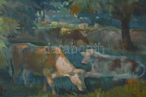 Tápay Lajos (1900-1964): Tehenek. Olaj, farost, jelzett, apró felületi sérülésekkel, fakeretben, 40×...