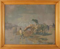 Tápay Lajos (1900-1964): Lovak a vízben. Olaj, farost, jelzett, fakeretben, 41,5×53 cm