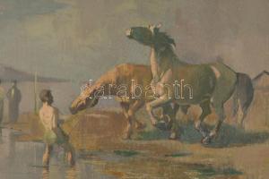 Tápay Lajos (1900-1964): Lovak a vízben. Olaj, farost, jelzett, fakeretben, 41,5×53 cm