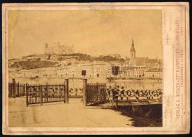 cca 1880 Pozsony, pontonhíd bejárata, keményhátú fotó Heckenast utóda kiadásában, restaurált, 10,5×16,5 cm / Pressburg / Bratislava, vintage photo with fault
