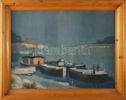 Tápay Lajos (1900-1964): Hajók a Tiszán. Olaj, farost, jelzett, apró felületi sérülésekkel, fakeretb...