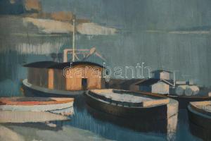 Tápay Lajos (1900-1964): Hajók a Tiszán. Olaj, farost, jelzett, apró felületi sérülésekkel, fakeretb...