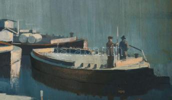 Tápay Lajos (1900-1964): Hajók a Tiszán. Olaj, farost, jelzett, apró felületi sérülésekkel, fakeretb...