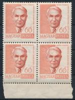 1960 Arcképek 60f ívszéli négyestömb, a 2. bélyegen csík a mell résznél + a 4. bélyegen vonalka az "S" betűn