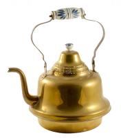 Óriás teáskanna. Réz, porcelán fotóval, fa állvánnyal. 72 cm