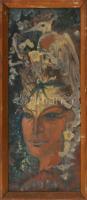 Olvashatatlan jelzéssel (a hátoldalán): Hölgy madárral. Olaj, farost, fakeretben. 33x13,5 cm