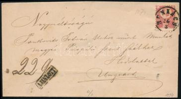 1874 Réznyomat 5kr + bontásnál eltépett 10kr ajánlott levélen / 5kr + torned 10kr on registered cove...