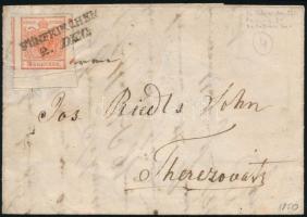 1850 3kr HP Ia-1 cinóber piros, jobb oldalon nagy andráskereszt végződés, alul 7,5 mm ívszél levélen...