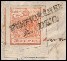 1850 3kr HP Ia-1 cinóber piros, jobb oldalon nagy andráskereszt végződés, alul 7,5 mm ívszél levélen...