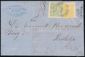 1861 2kr + 3kr zöld / green, levélen / on cover "BAN. WEISSKIRCHEN" - "RESCHITZA&quot...