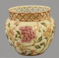 Zsolnay áttört porcelán kaspó. kézzel festett, jelzett, hibátlan d: 12 cm, m: 10 cm