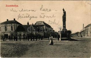 1906 Zsombolya, Hatzfeld, Jimbolia; tér. Perlstein F. kiadása / square + "ORSOVA - BUDAPEST 76. SZ." vasúti mozgóposta bélyegző