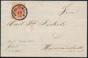 1851 3kr HP Ia-3 bordázott kézi papír, mély cinóber piros levélen / deep vermeil, gerriptes Papier o...