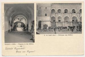 Fogaras, Fagaras; bemenet a várba, vár belső része, katonák. D. Thierfeld / castle entry and courtyard, soldiers (felületi kopás / worn surface)