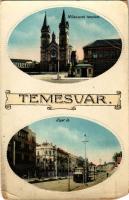 Temesvár, Timisoara; Milleneumi templom, Liget út, Csendes és Fischer üzlete, villamos, dombornyomott keretben / church, shop, tram. Emb. frame (EM)