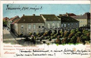 1901 Temesvár, Timisoara; Schlossgasse, Palais des Korpskommandanten / Erdő utca, Hadtestparancsnokság palotája, Jenő herceg tér, Kihajtható 2-részes panorámalap egyik fele (hiányos!) / street, square, officers' casino, monument, palace of the army headquarters. 2-tiled folding panoramacard (half is missing) (b)