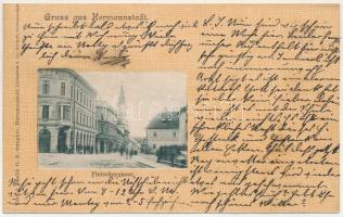 1906 Nagyszeben, Hermannstadt, Sibiu; Fleischergasse / Hentes utca, üzletek. G. A. Seraphin kiadása / street view, shops