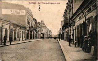 1908 Barlad, Berlad; Str. Principala spre centru, Farmacia Fraenkel / main street, pharmacy, shops (r)