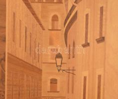 Városkép. Iparművész fa intarzia, zsűrizett 28x38 cm