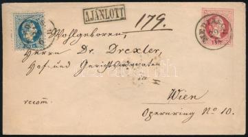 1869 5kr díjjegyes boríték 10kr díjkiegészítéssel ajánlott levélként feladva Bécsbe. Látványos, fris...