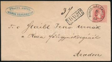 1869 5kr díjjegyes boríték 10kr díjkiegészítéssel ajánlott levélként feladva Aradra. Látványos, fris...