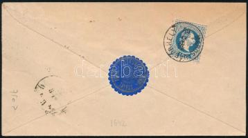 1869 5kr díjjegyes boríték 10kr díjkiegészítéssel ajánlott levélként feladva Aradra. Látványos, fris...