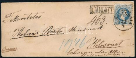 1871 Kis alakú ajánlott levél előoldalán 10kr, hátoldalán 5kr bérmentesítés / 10kr + 5kr on register...