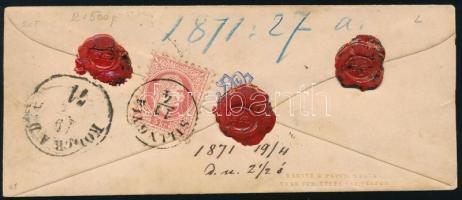 1871 Kis alakú ajánlott levél előoldalán 10kr, hátoldalán 5kr bérmentesítés / 10kr + 5kr on register...