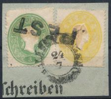 1861 2kr + 3kr tudakozvány kivágáson. Érdekes, látványos darab. / 2kr + 3kr on reclamation form cutt...