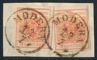 1850 2 x 3kr MP III. enyhén lépcsős felragasztás kivágáson, kis lemezhiba / 2 x 3kr on cutting, smal...