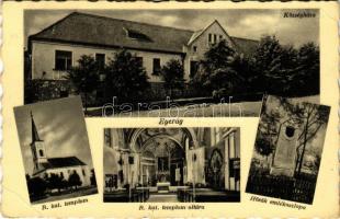 1943 Egerág (Pécs), Községháza, Római katolikus templom, belső az oltárral, Hősök emlékoszlopa. Hangya szövetkezet kiadása (EB)