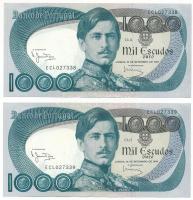 Portugália 1980. 1000Esc (2x) sorszámkövetők "ECL027338 - ECL027339" T:XF Portugal 1980. 1000 Escudos (2x) consecutive serials "ECL027338 - ECL027339" C:XF Krause 175.