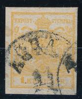 1850 1kr HP Ia. narancs, papírhiba miatt látványos nyomatkimaradás a pajzsban / plate flaw "AGR...