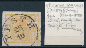 1850 1kr HP III. narancs, ívszéli nyomat szép szélekkel / orange, nice margin piece "PESTH&quot...