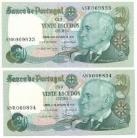 Portugália 1978. 20Esc (2x) sorszámkövetők "ANR069833 - ANR 069834" T:UNC Portugal 1978. 20 Escudos (2x) consecutive serials "ANR069833 - ANR 069834" C:UNC Krause 176.