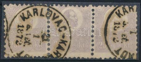 1871 Kőnyomat 25kr hármascsík, halványibolya, VI-VIII-III típus "KARLOVAC-KARL(STAD)T" (mi...