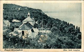1940 Fonyód, Bélatelep-fürdő, Római katolikus templom, kilátás a Balatonra, vitorlások (fl)
