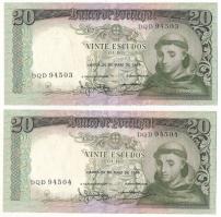 Portugália 1964. 20Esc (2x) sorszámkövetők "DQD 94503 - DQD 94504" T:XF Portugal 1964. 20 Escudos (2x) consecutive serials "DQD 94503 - DQD 94504" C:XF Krause 167.