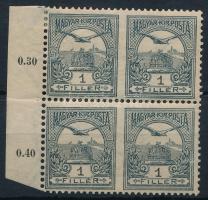 1900 Turul 1f ívszéli négyestömb, középen fogazatlan, a. számvízjellel (75.000) (elvált fogak, 1 bél...